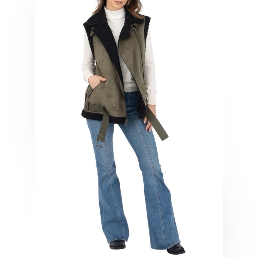 Frye Belted Suede Faux Shearling Moto Olive Green Women’s Vest-S-Utility Western